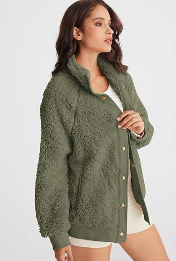 Winter Long Sleeve Button Sherpa Jacket Coat Pockets - Enfance-Heureuse