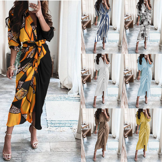 Long Sleeve V Neck Button Print Long Dress Women's