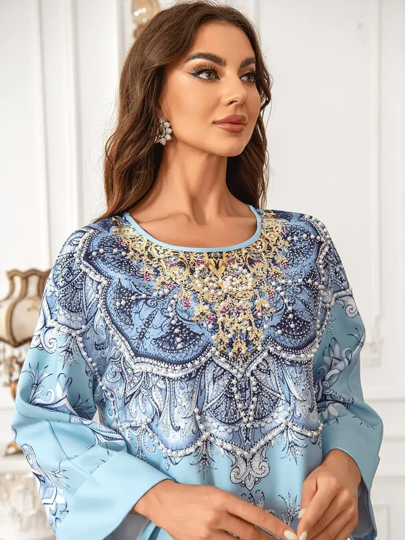 Vestido Abaya extra largo de manga larga con detalle de encaje estampado