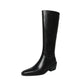 British Style Square Toe Mid-heel Thick Heel White Cowhide High Leg Boot Back Zipper - Enfance-Heureuse