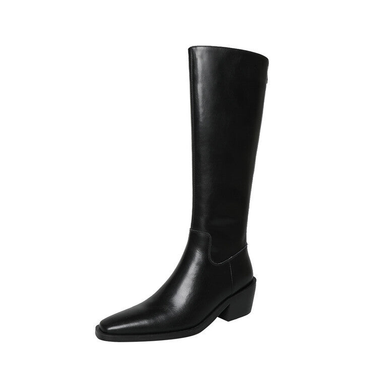 British Style Square Toe Mid-heel Thick Heel White Cowhide High Leg Boot Back Zipper - Enfance-Heureuse