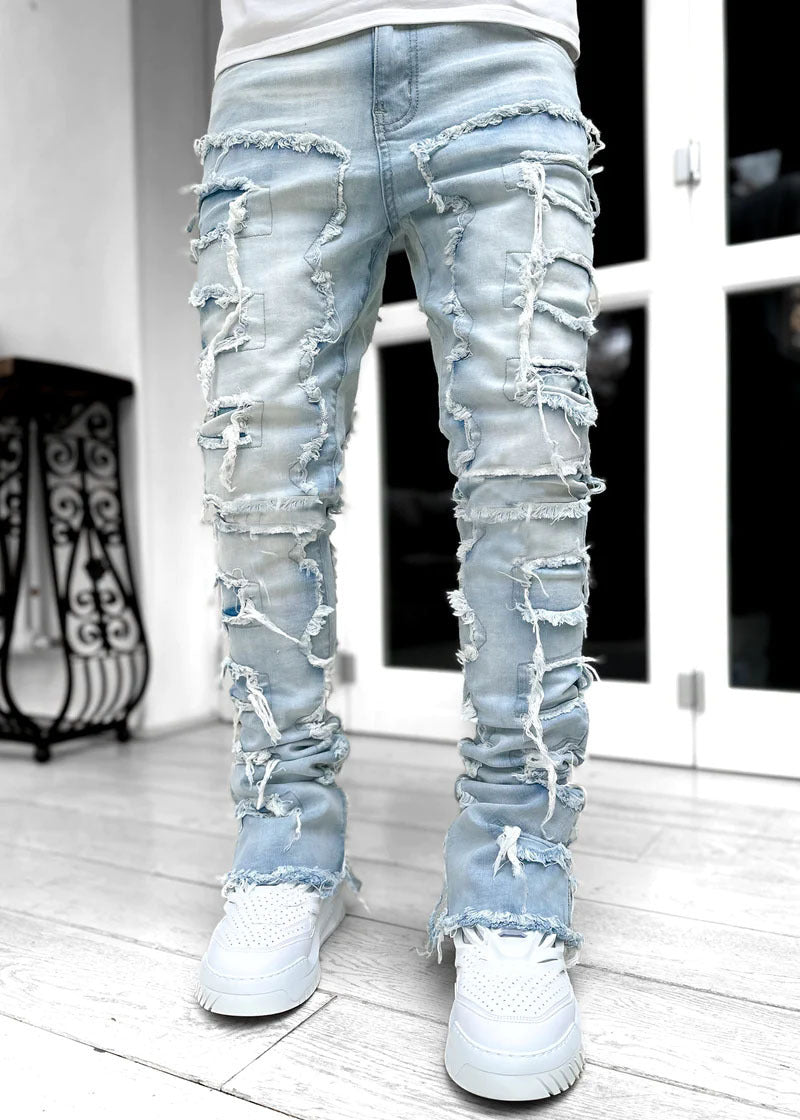 Men Trousers Individual Patched Pants Long Tight Fit Stacked Jeans For Mens Clothing - Enfance-Heureuse