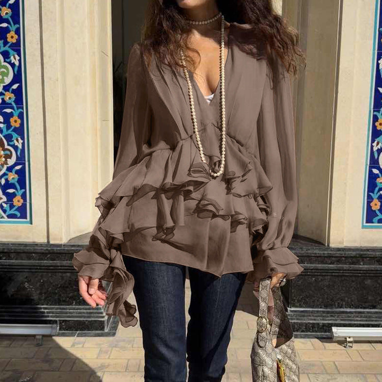 Chiffon V-neck Long Sleeve Shirt