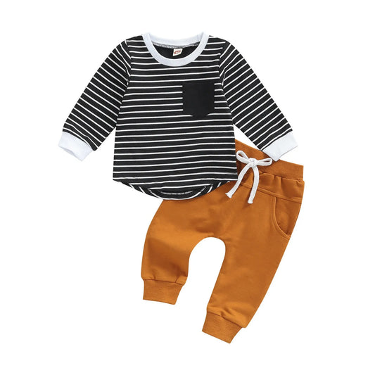 Ensemble de t-shirts à manches longues rayées col rond pour enfants - Enfance-Heureuse