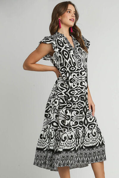 Umgee Full Size Two Tone Border Print Ruffle Cap Sleeve Midi Dress Plus Size