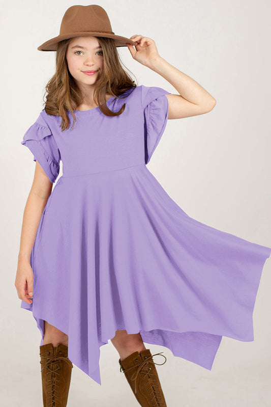 Round Neck Petal Sleeve Dress - Enfance-Heureuse