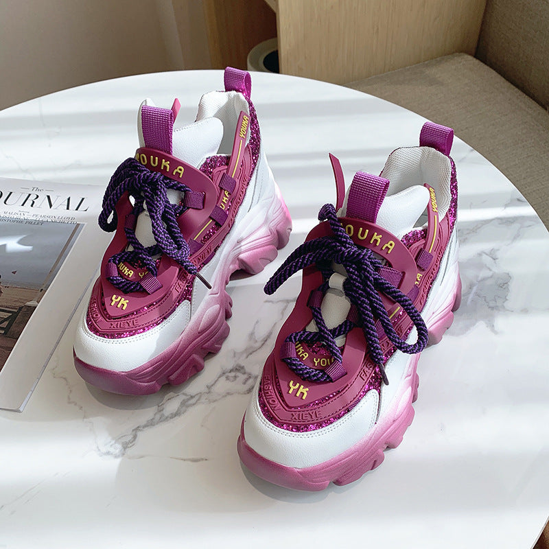 Women's Colorful Sequin Platform Shoes Lace-Up Sneakers - Enfance-Heureuse