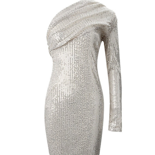 Silver One Shoulder Sequin Formal Dress - Enfance-Heureuse