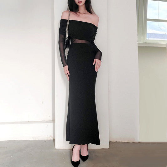 Women's Winter Sexy Off-the-shoulder Pleated Long Sleeve Polyester Dress - Enfance-Heureuse