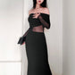 Women's Winter Sexy Off-the-shoulder Pleated Long Sleeve Polyester Dress - Enfance-Heureuse