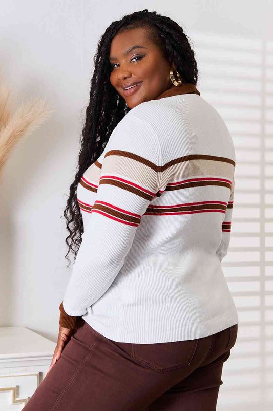 Basic Bae Striped Collared Neck Rib-Knit Top - Enfance-Heureuse