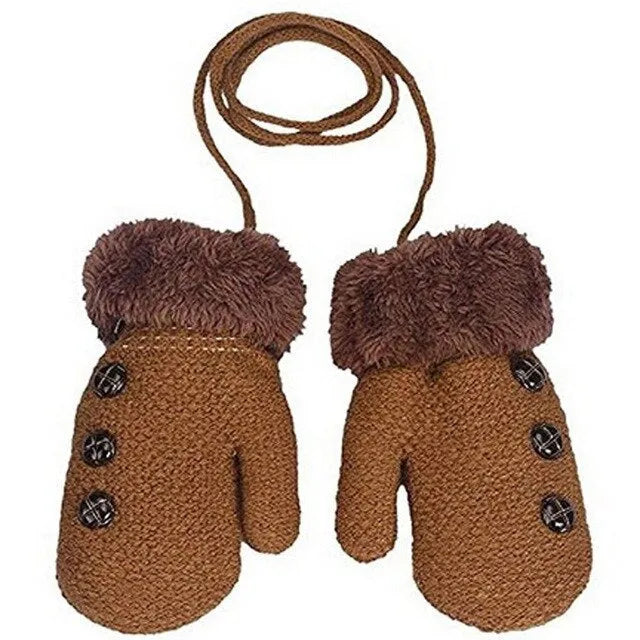 Children's Gloves Knitted And Velvet Gloves Double-Layer Thickening With Lanyard - Enfance-Heureuse