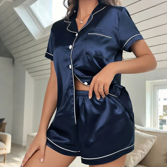 Silk-like Comfortable Breathable Cardigan Pajamas Short-sleeved Shorts Home Wear Suit