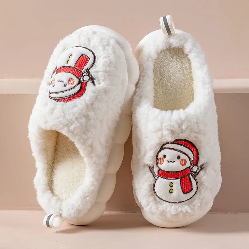 Pantoufles mignonnes de bonhomme de neige pour l'hiver, intérieur, en peluche chaude, à semelles épaisses, antidérapantes, pantoufle de maison, chaussures de maison - Enfance-Heureuse