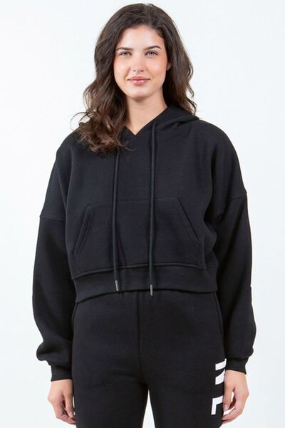 American Bazi Letter Graphic Long Sleeve Drawstring Cropped Hoodie - Enfance-Heureuse