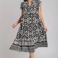 Umgee Full Size Two Tone Border Print Ruffle Cap Sleeve Midi Dress Plus Size