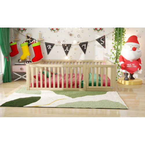 Kinderbett 140 X 200  Holzboden Bettrahmen Mit Zaun Und Tur  Holzfarbe