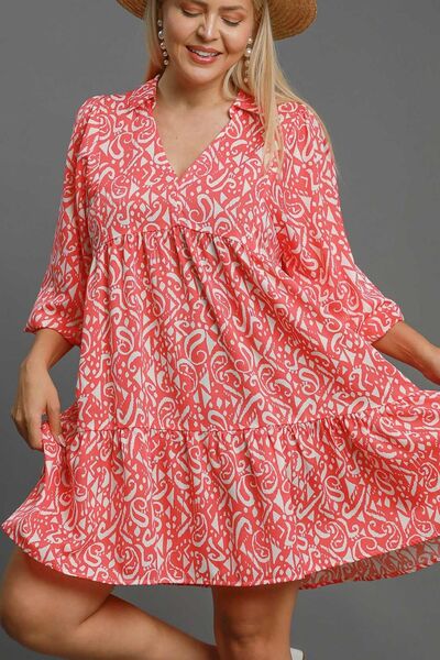 Umgee Full Size Two Tone Print Balloon Sleeve Tiered Dress Plus Size
