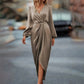 Women's Solid Color V-Neck Long Sleeve Dress With Elastic Cuffs & Asymmetrical Hem Draped Party Dress For Spring&Fall