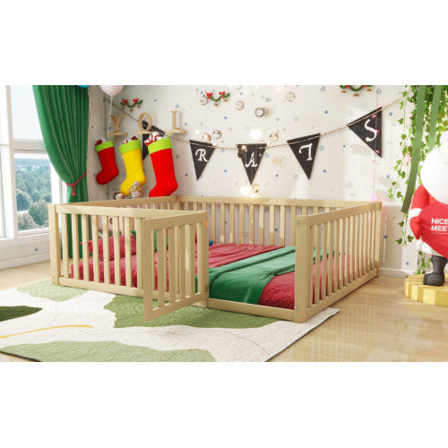 Kinderbett 140 X 200  Holzboden Bettrahmen Mit Zaun Und Tur  Holzfarbe
