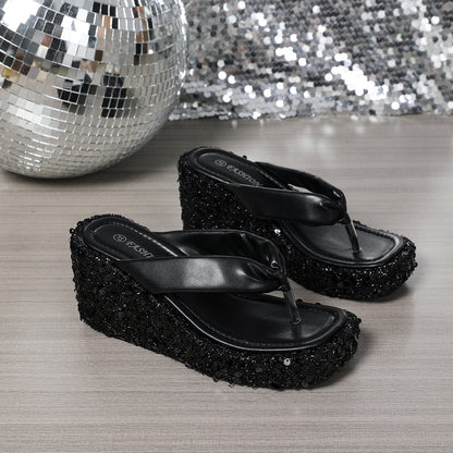 High Heels Wedge Sandals With Sequins Shiny Height Increasing Platform Flip Flops Women's Thick Bottom Shoes Beach Summer - Enfance-Heureuse