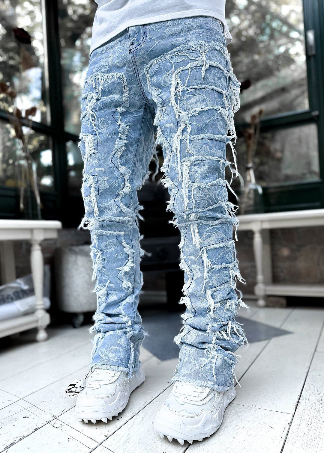 Men Trousers Individual Patched Pants Long Tight Fit Stacked Jeans For Mens Clothing - Enfance-Heureuse