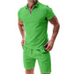 2Pcs Casual Waffle Suit Summer Zipper Lapel Short-sleeved Top And Drawstring Pockets Shorts Versatile Solid Color T-shirt Set For Mens Clothing - Enfance-Heureuse