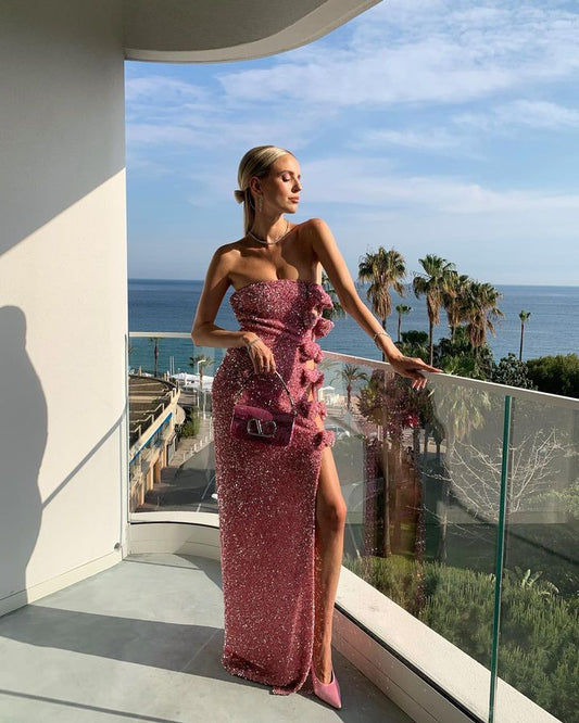Women's Off-shoulder Slimming Sequins Backless Bow Split Tight Long Dress - Enfance-Heureuse