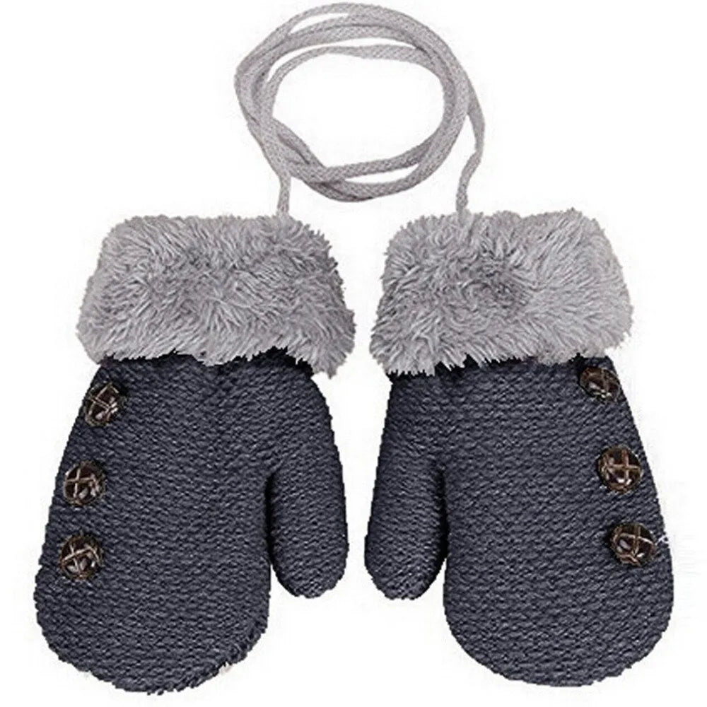 Children's Gloves Knitted And Velvet Gloves Double-Layer Thickening With Lanyard - Enfance-Heureuse