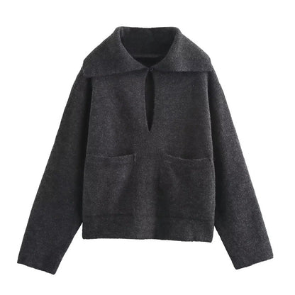 Simple Big Lapel Long Sleeve Pocket Pullover Sweater - Enfance-Heureuse