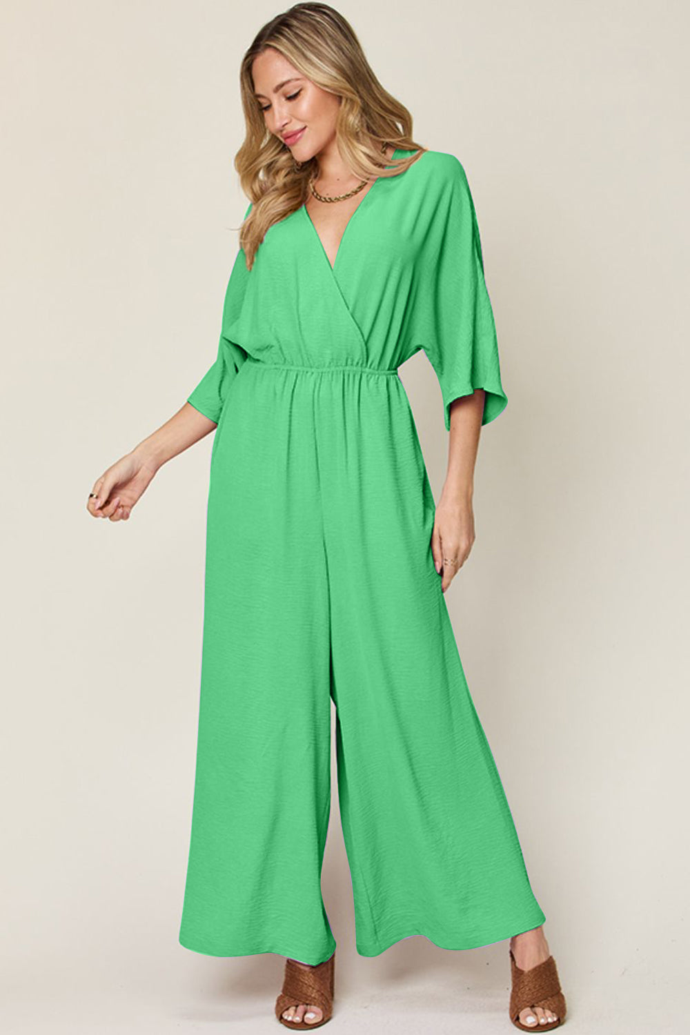 Double Take Full Size Surplice Wide Leg Jumpsuit with Pockets - Enfance-Heureuse