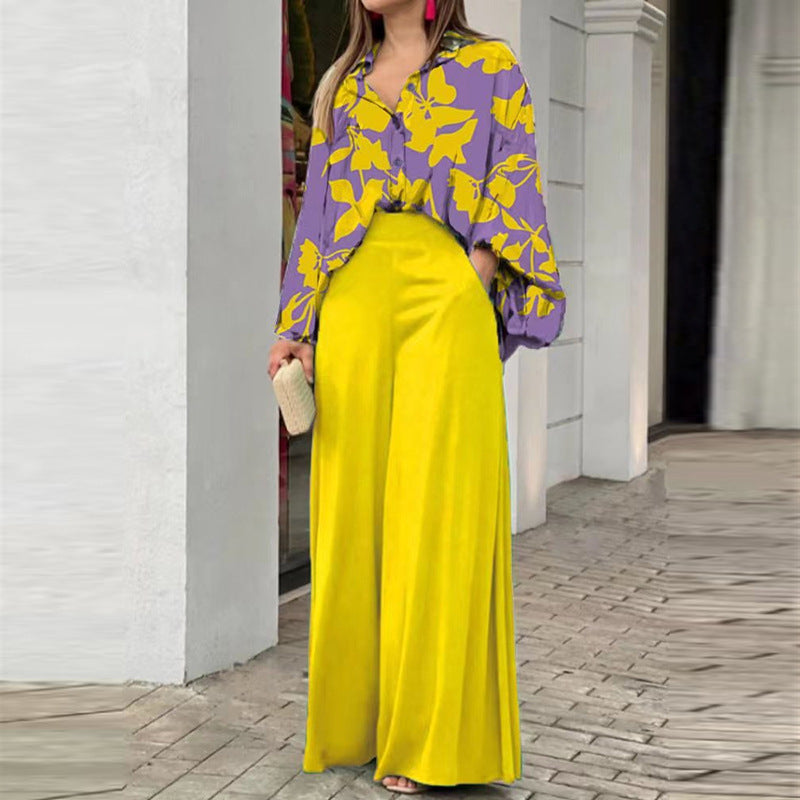 Women's Printed Shirt Wide Leg Pants Fashion Casual Set - Enfance-Heureuse