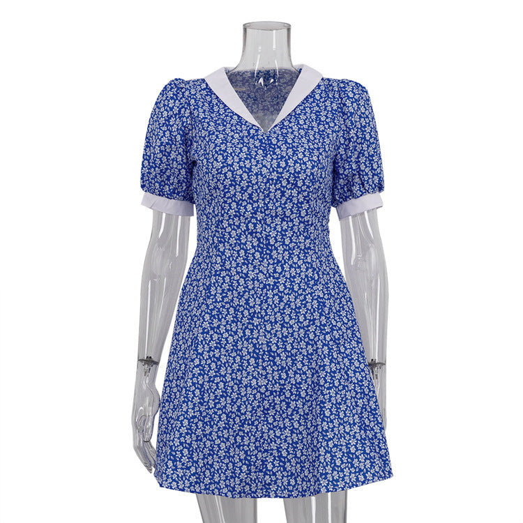 Lapel High-waist Blue Floral Dress