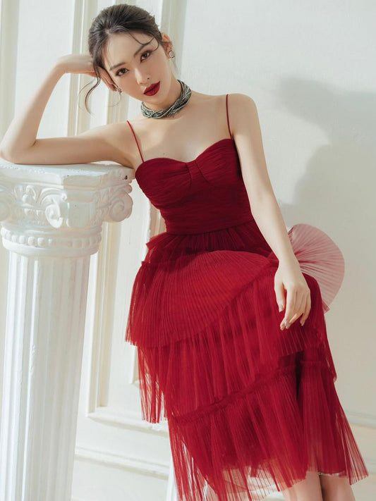 Suspender Spread Chest Temperament Dark Red Flowing Small Dress Long Skirt - Enfance-Heureuse
