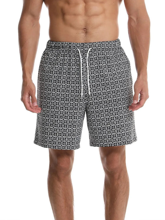 Men's Drawstring Printed Shorts with Pockets - Enfance-Heureuse