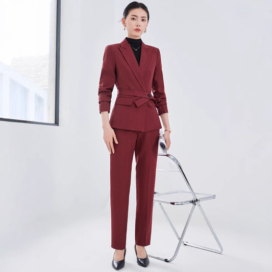 Traje de manga larga con cuello pequeño para mujer, camisa, pantalón y abrigo