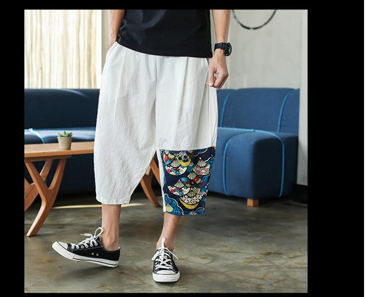 Sinicism Shop Mens Cotton Linen Harem Pants Male Casual Red Bottom Calf-Length Pants Man Summer Harajuku Baggy Loose Pants - Enfance-Heureuse