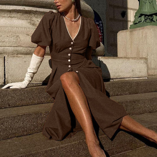 V-neck Puff Sleeve Single-breasted Dress - Enfance-Heureuse