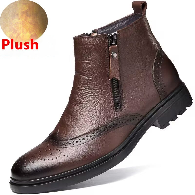 High-top Leather Shoes Height Increasing Shoes 46 Brogue Trendy Ankle Boots - Enfance-Heureuse