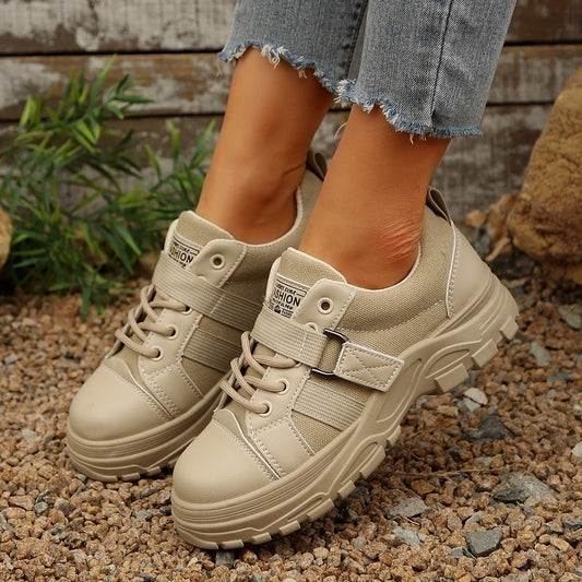 Lace-up Canvas Shoes With Hook Design Fashion Breathable Thick-soled Round-toe Casual Shoes For Women Sneakers - Enfance-Heureuse
