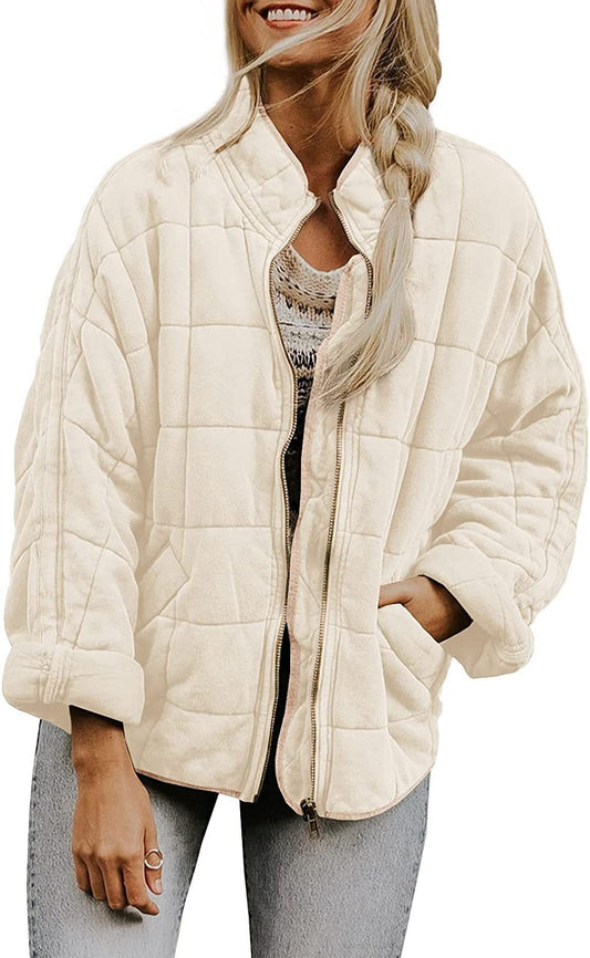 Winter Zip-up Stand Collar Coat With Pockets Fashion Solid Color Plaid Long Sleeved Jacket Women's Clothing - Enfance-Heureuse