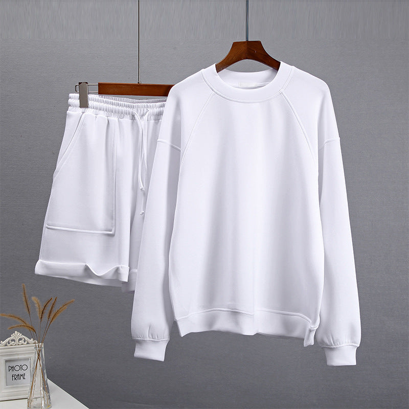Women's Fashion Casual Solid Color Round Neck Long Sleeve Sweater Shorts Set - Enfance-Heureuse