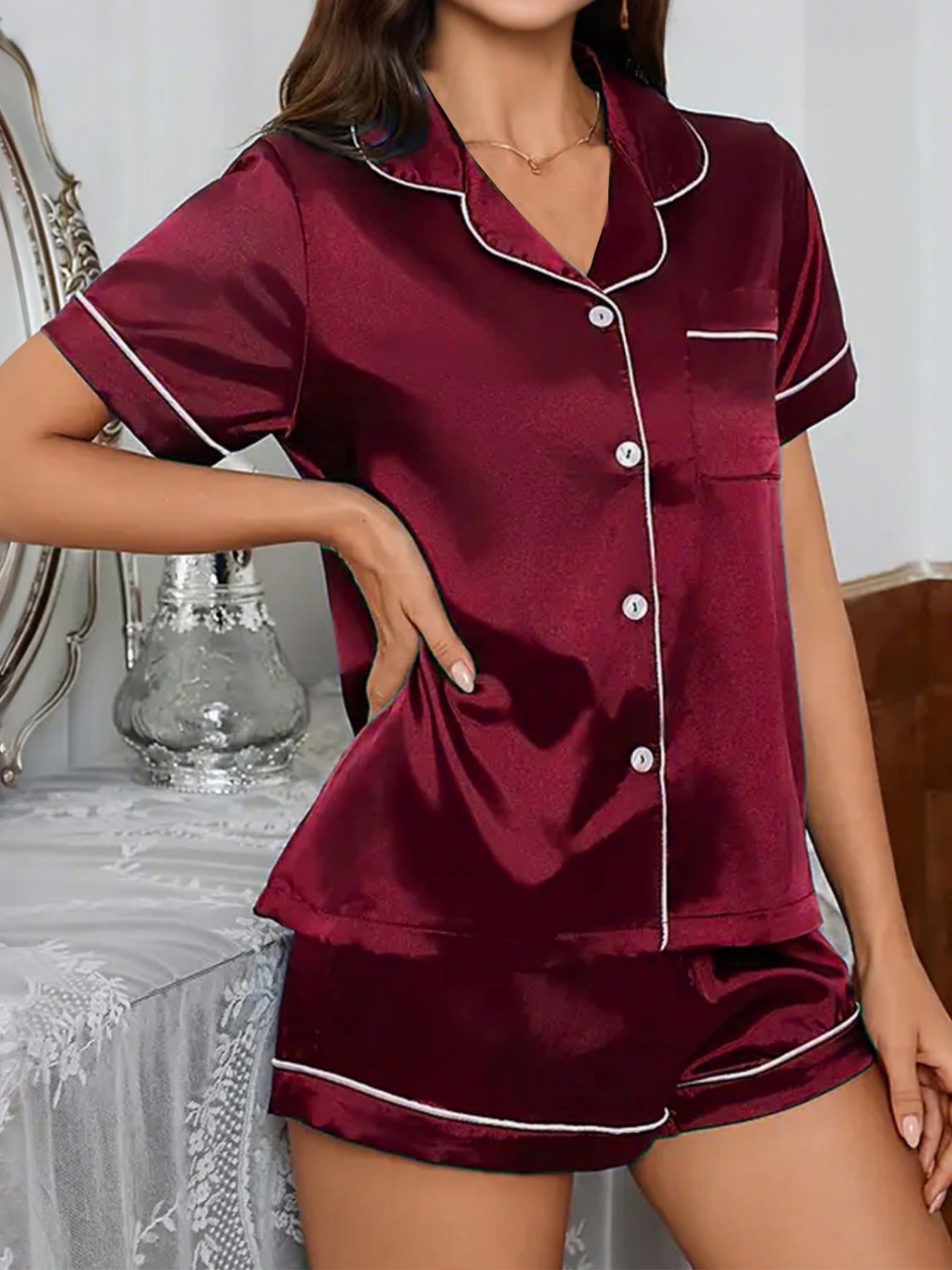 Silk-like Comfortable Breathable Cardigan Pajamas Short-sleeved Shorts Home Wear Suit