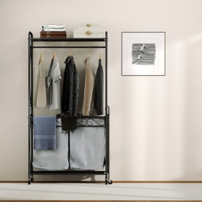 Panier à linge multifonction avec tringle de suspension et étagère de rangement. Chariot à linge roulant avec roulettes, cadre en métal robuste pour salle de bain, buanderie ou chambre.