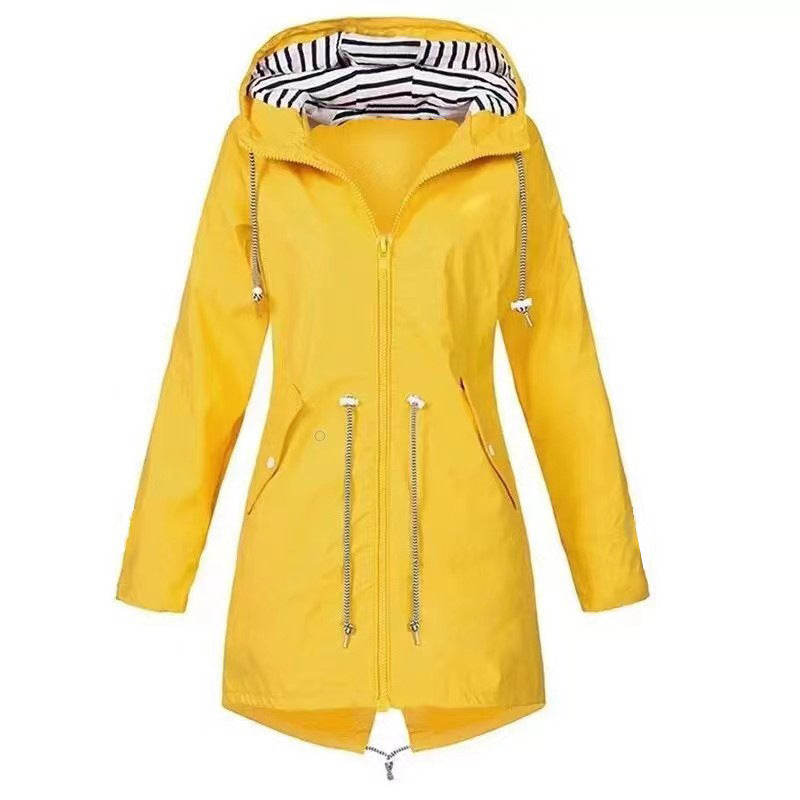 Womens Waterproof Raincoat Casual Basic Outdoors Drawstring Trench Lightweight Drawstring Jackets Hiking Clothes For Women - Enfance-Heureuse