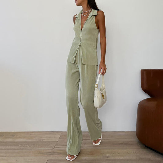 Casual Solid Color Sleeveless Shirt High Waist Trousers Pleated Suit - Enfance-Heureuse