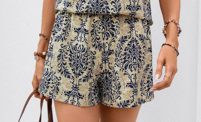 Loose Printed Casual Suit V-neck Short Sleeve Top Elastic Waist Shorts - Enfance-Heureuse
