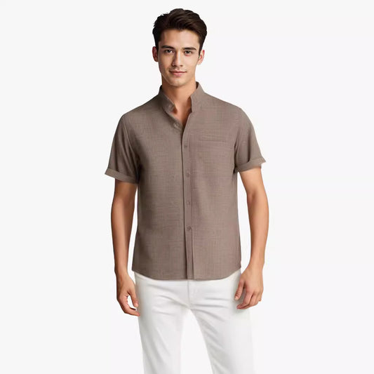 Solid-color Short-sleeved Lapel Shirt Summer Breathable Cotton And Linen Top Mens Clothing - Enfance-Heureuse
