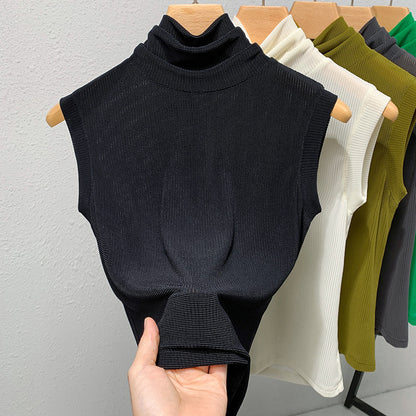 Ladies New Turtleneck Grenadine Solid Color Waist Tight Sleeveless Top - Enfance-Heureuse