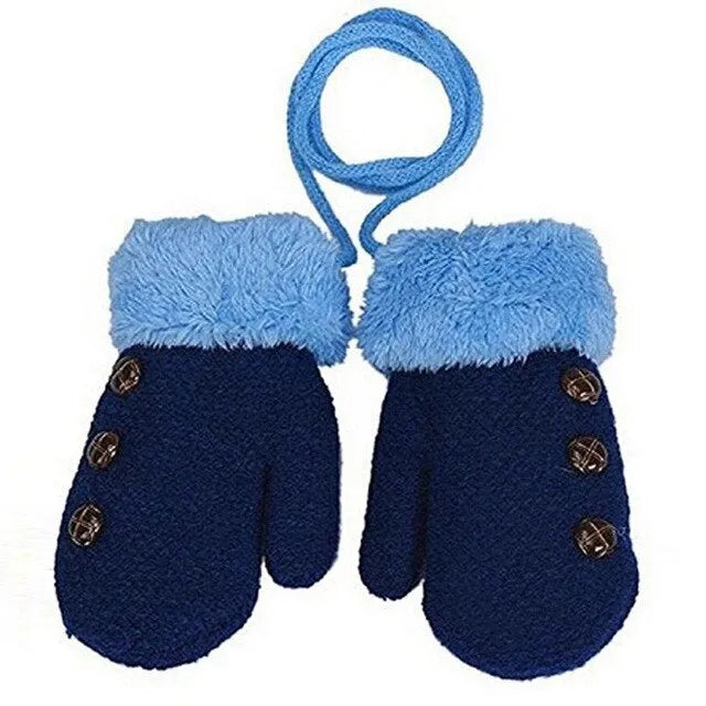 Children's Gloves Knitted And Velvet Gloves Double-Layer Thickening With Lanyard - Enfance-Heureuse